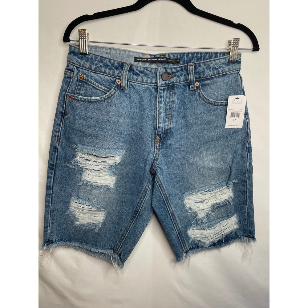 Volcom Super Stoned Bermuda Shorts Distressed Denim Blue Raw Hem‎ Size 27